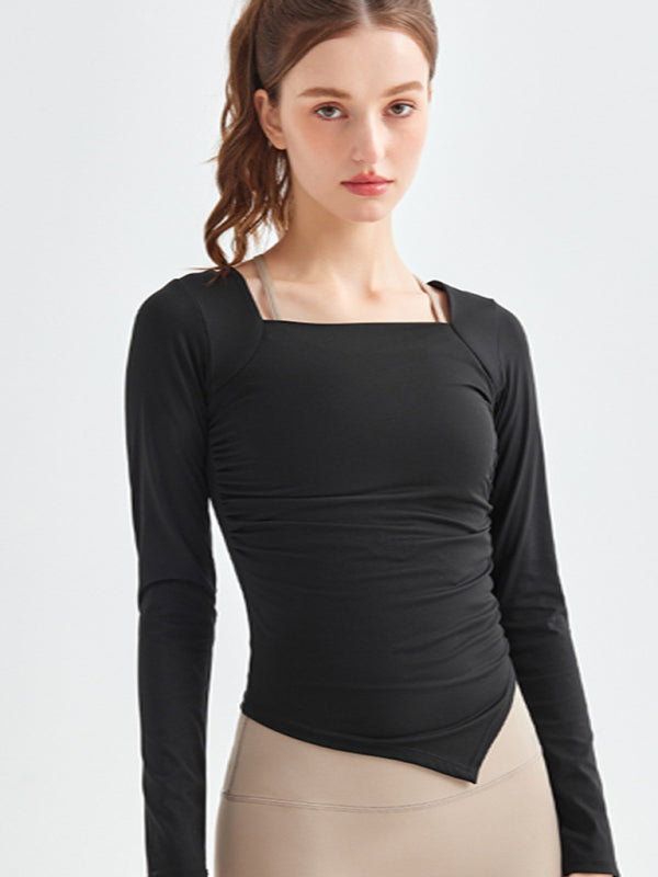 Women's Square Collar Long Sleeve Sports Top with Irregular Hem - Image 17
