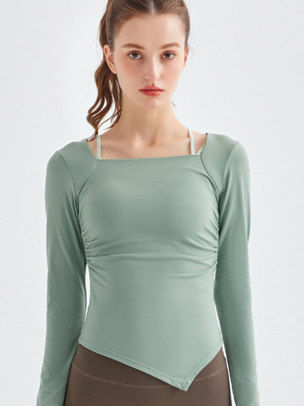 Women's Square Collar Long Sleeve Sports Top with Irregular Hem - Image 16