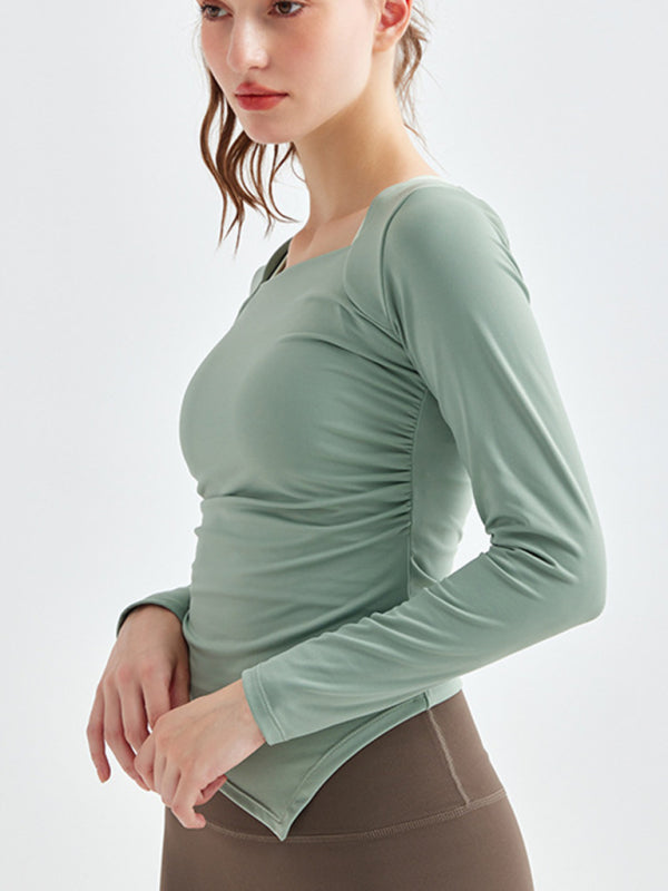 Women's Square Collar Long Sleeve Sports Top with Irregular Hem - Image 13