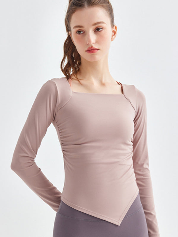 Women's Square Collar Long Sleeve Sports Top with Irregular Hem - Image 11