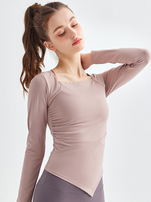 Women's Square Collar Long Sleeve Sports Top with Irregular Hem - Image 10