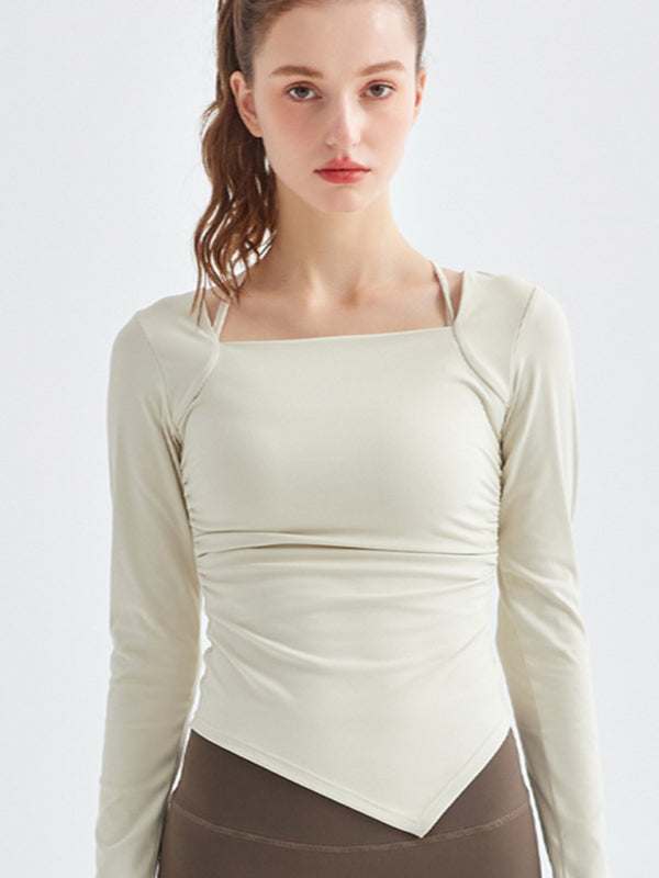 Women's Square Collar Long Sleeve Sports Top with Irregular Hem - Image 8
