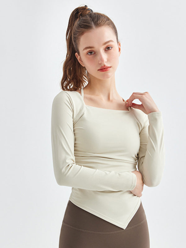Women's Square Collar Long Sleeve Sports Top with Irregular Hem - Image 7
