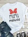 Women's white short sleeve t-shirt with a Mama Mouse graphic print, styled with jeans