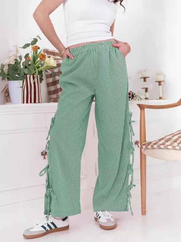 Women's Red Gingham Plaid Casual Trousers with Side Tie Detail - Image 15