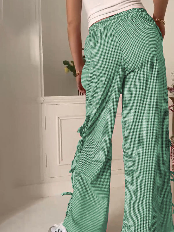 Women's Red Gingham Plaid Casual Trousers with Side Tie Detail - Image 14
