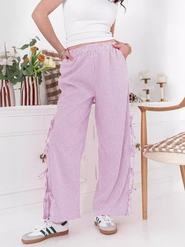 Women's Red Gingham Plaid Casual Trousers with Side Tie Detail - Image 8