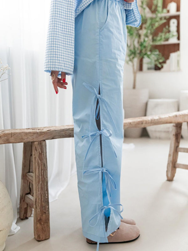 Women's Red Gingham Plaid Casual Trousers with Side Tie Detail - Image 10