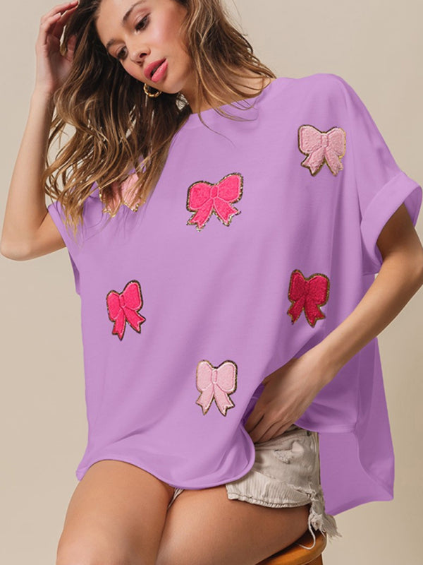 White Short-Sleeve Top with Embroidered Pink Sequin Bow Details - Image 5