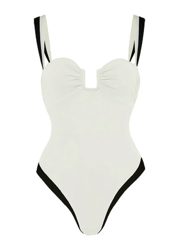 Women's Black and White Contrast One-Piece Swimsuit - Image 3