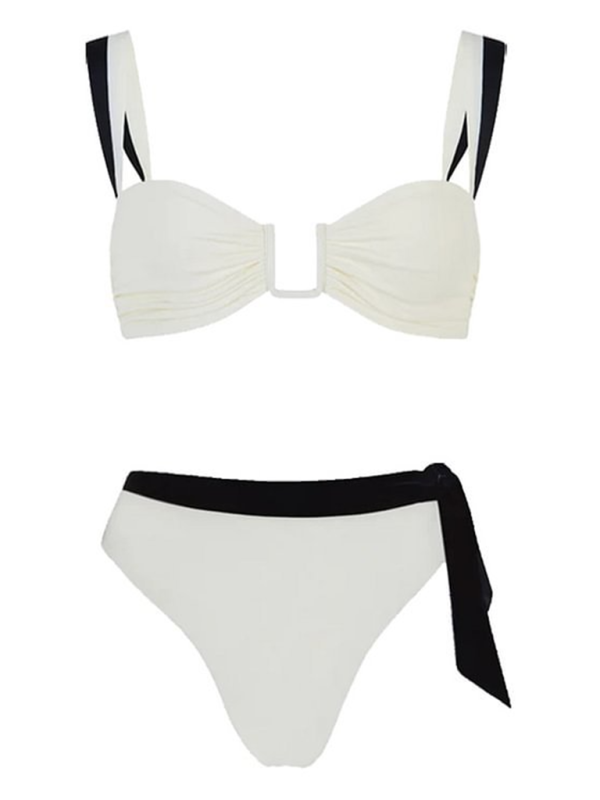 Women's Black and White Contrast Strap Bikini Set Beachwear - Image 4
