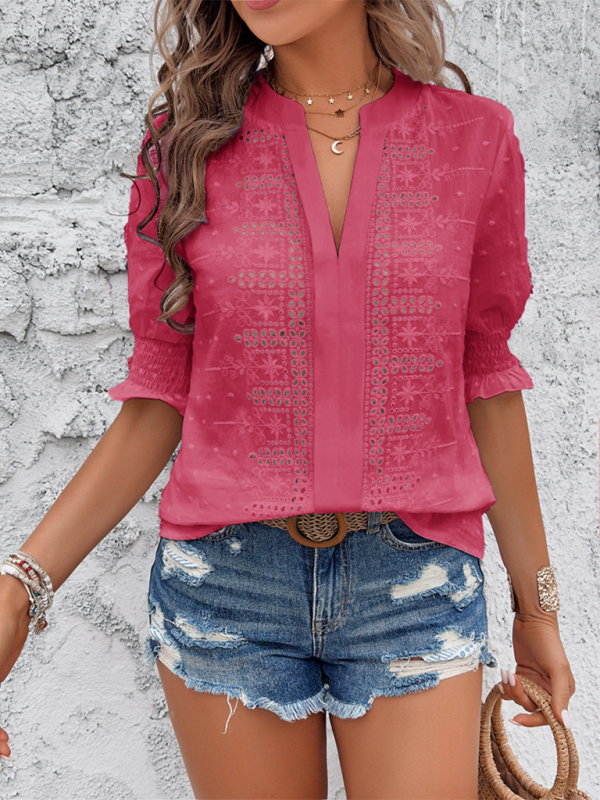 Women's V-Neck Casual Pullover with Puff Sleeves Solid Loose Top - Image 10