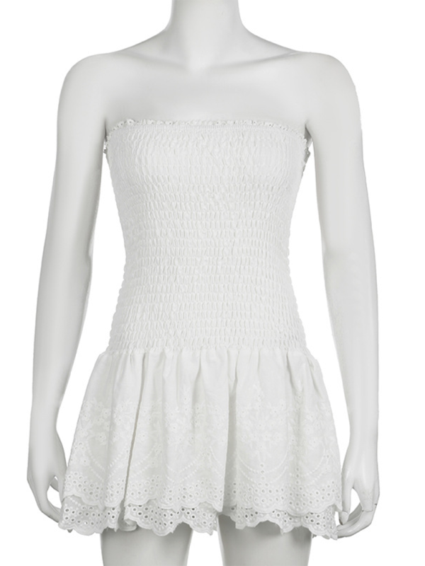 White Strapless Smocked Mini Dress with Eyelet Embroidery Hem - Image 4