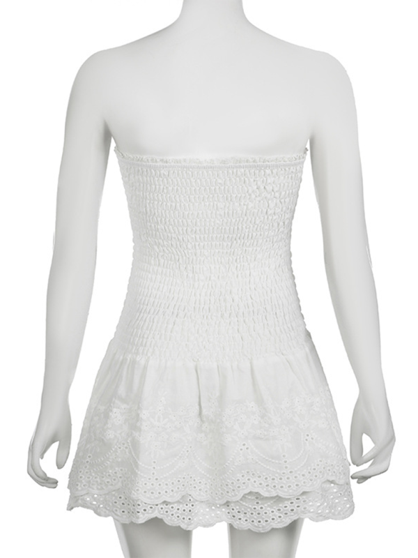 White Strapless Smocked Mini Dress with Eyelet Embroidery Hem - Image 3