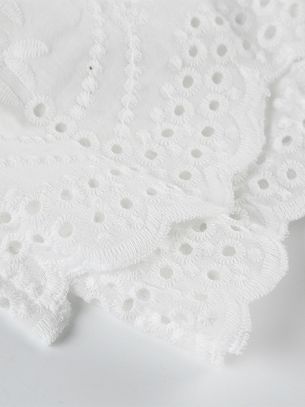 White Strapless Smocked Mini Dress with Eyelet Embroidery Hem - Image 2