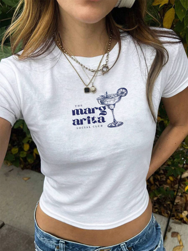 Wine Glass Print Baby Tee - Crop Top Short Sleeve T-Shirt