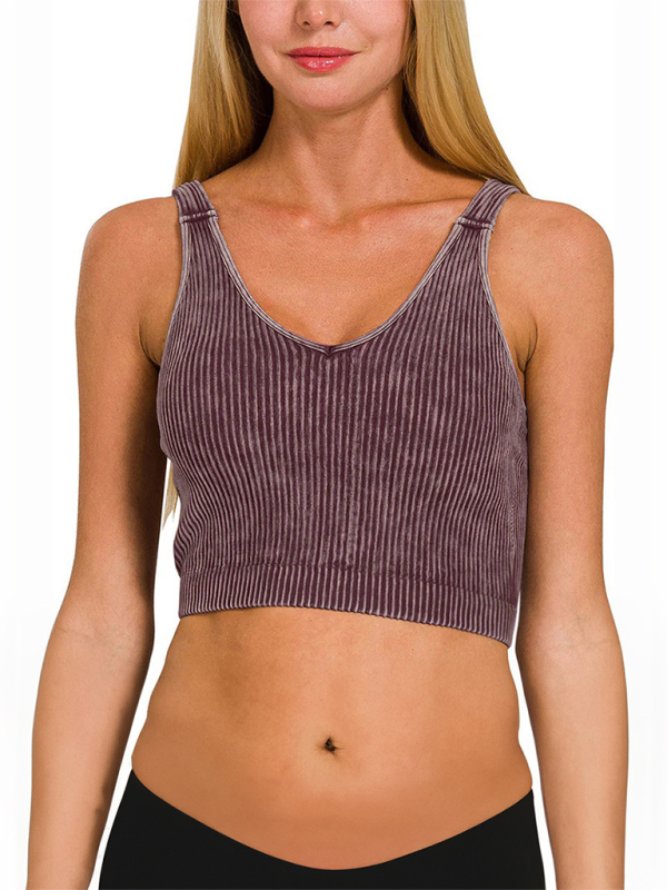 Woman wearing a purple seamless ribbed V-neck crop tank top, front view and back view