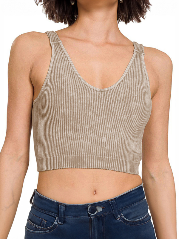 Women's Ribbed V-Neck Seamless Crop Tank Top Solid Color - Image 6
