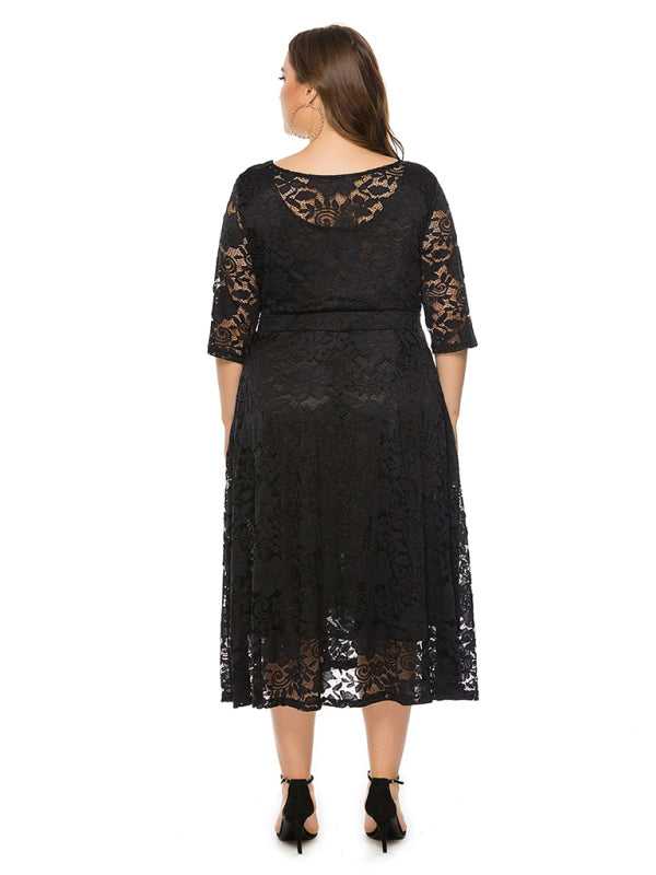 Plus size women's new evening dress bridesmaid dress lace pocket dress