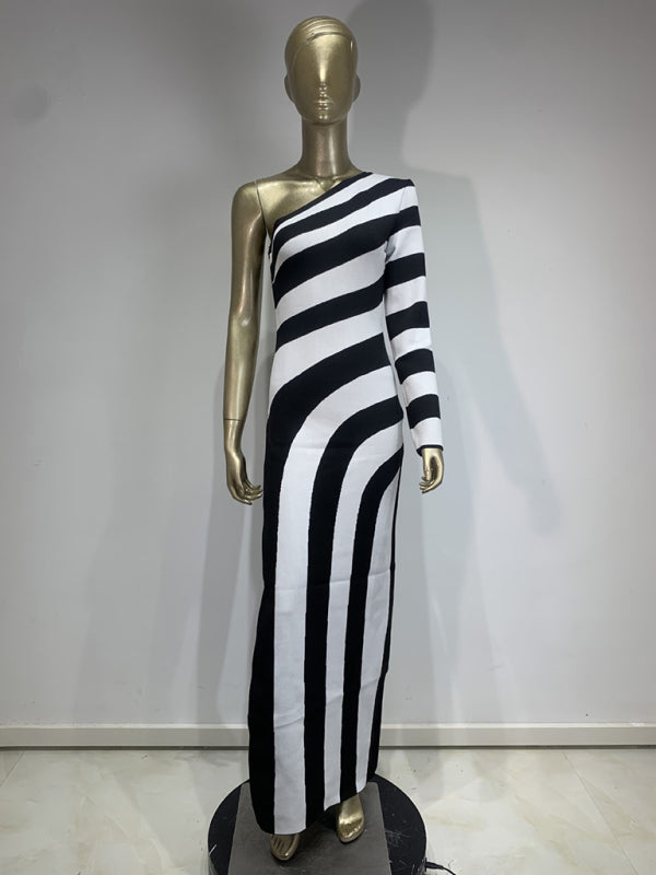 Zebra Print One Shoulder Long Sleeve Bandage Maxi Dress - Image 4