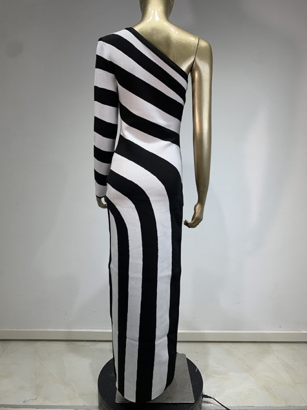 Zebra Print One Shoulder Long Sleeve Bandage Maxi Dress - Image 3