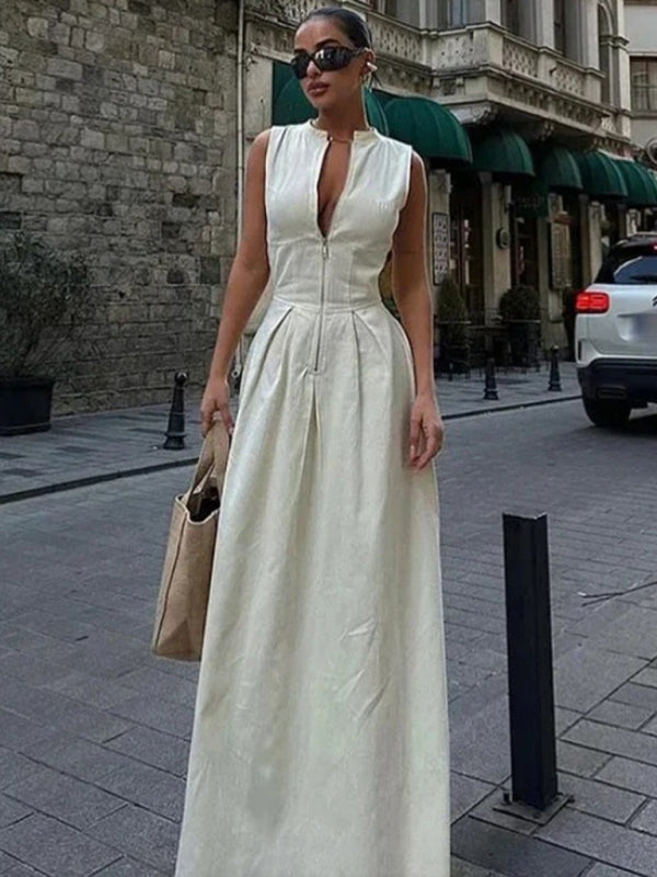 Modern Sleeveless V-neck Casual Temperament Commuter Waist Zipper Neck Dress