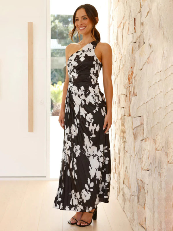 Women's One-Shoulder Pleated Midi Dress in Vibrant Pink Floral - Image 20