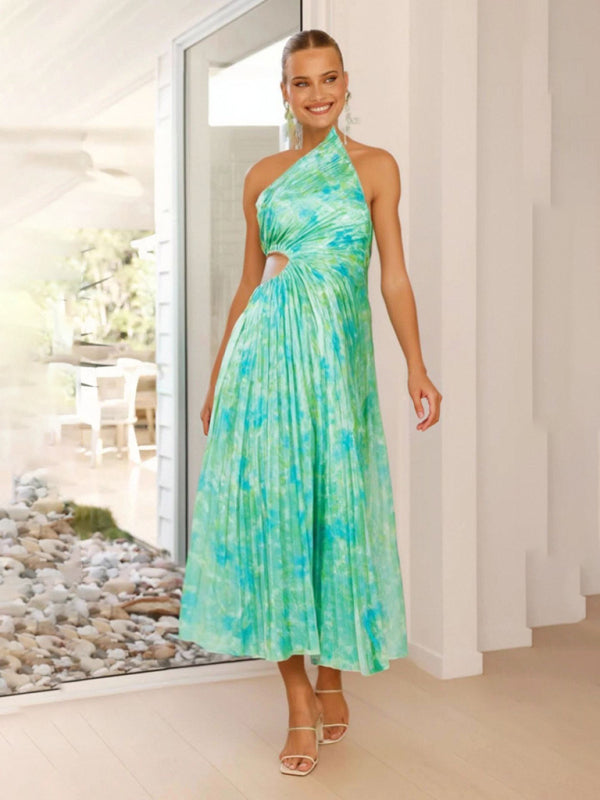 Women's One-Shoulder Pleated Midi Dress in Vibrant Pink Floral - Image 22