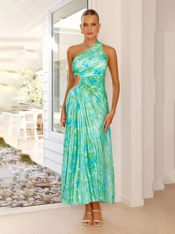 Women's One-Shoulder Pleated Midi Dress in Vibrant Pink Floral - Image 23
