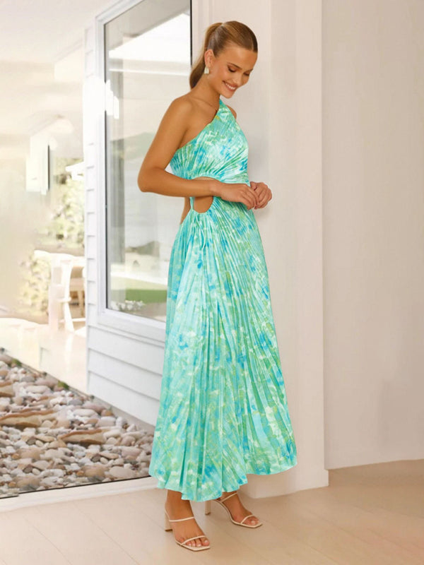 Women's One-Shoulder Pleated Midi Dress in Vibrant Pink Floral - Image 24