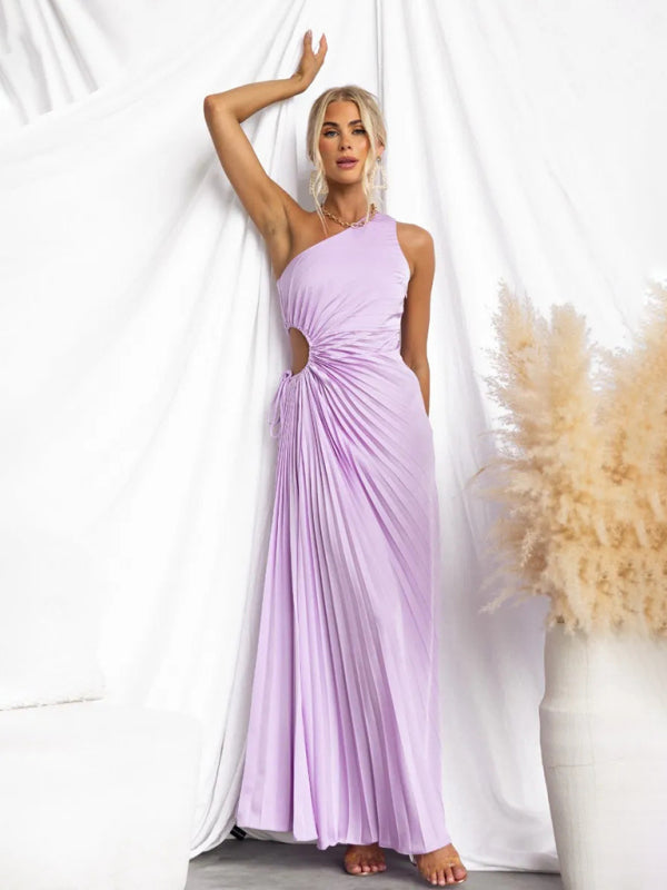 Women's One-Shoulder Pleated Midi Dress in Vibrant Pink Floral - Image 10