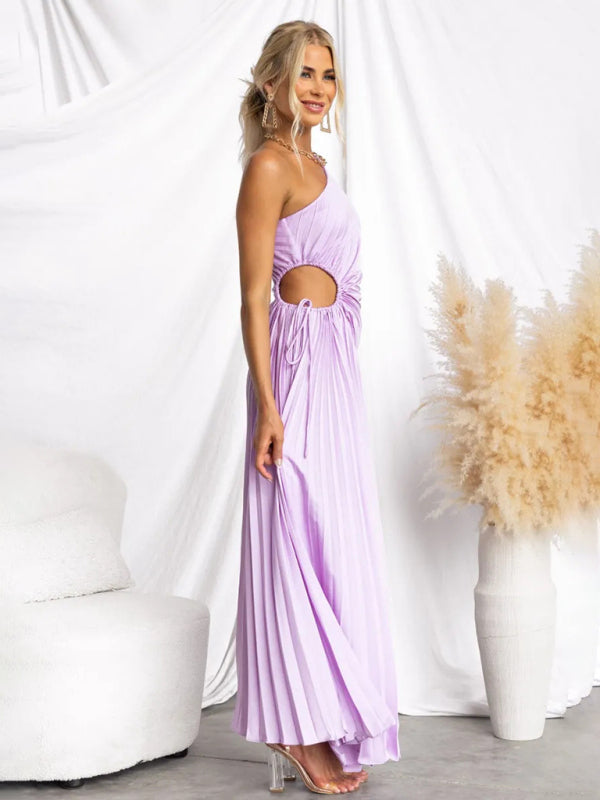 Women's One-Shoulder Pleated Midi Dress in Vibrant Pink Floral - Image 9