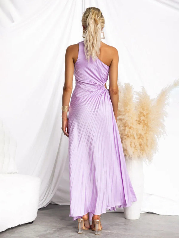 Women's One-Shoulder Pleated Midi Dress in Vibrant Pink Floral - Image 8