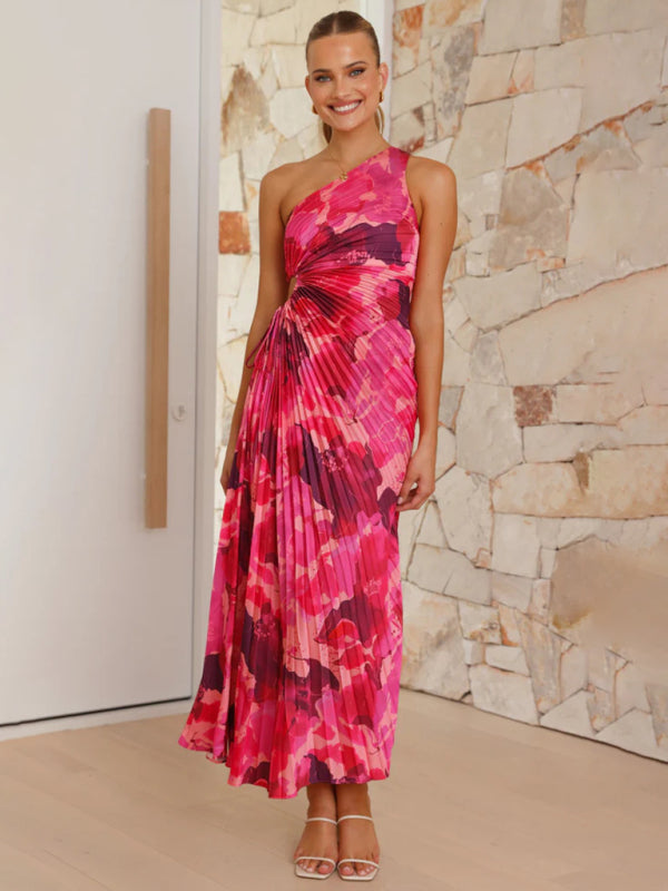 Women's One-Shoulder Pleated Midi Dress in Vibrant Pink Floral - Image 3