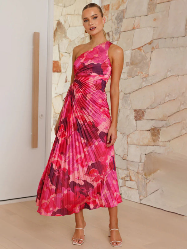 Women's One-Shoulder Pleated Midi Dress in Vibrant Pink Floral - Image 2