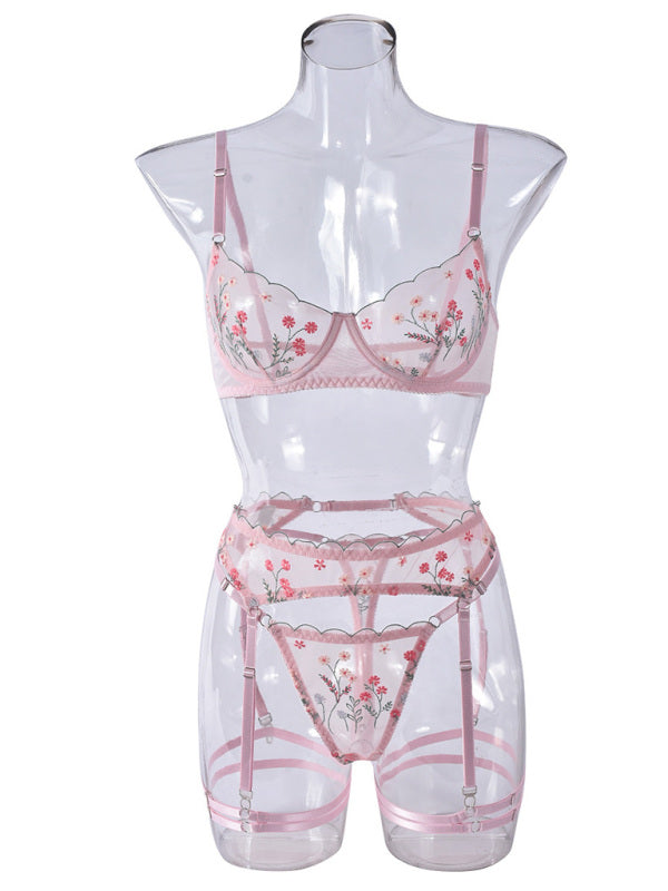 Embroidery and mesh sexy underwear four-piece set