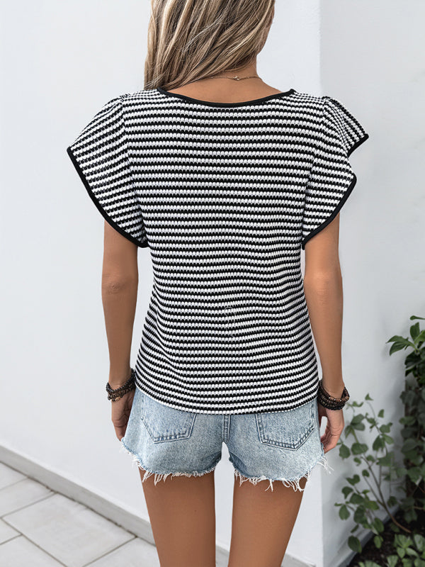 Women's Black and White Striped Short Flutter Sleeve T-Shirt - Image 3