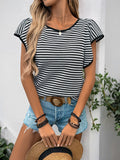 Women's Black and White Striped Short Flutter Sleeve T-Shirt - Image 2