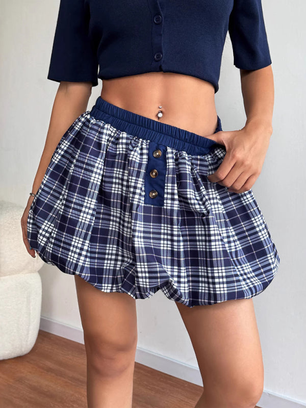 Y2K Retro Plaid Bubble Mini Skirt in Navy Blue
