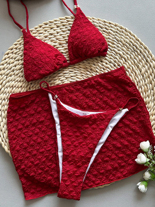 Red textured fabric bikini three piece set