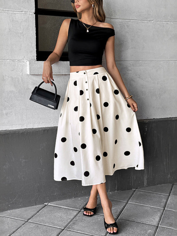 Elegant Polka Dot Midi A-Line Skirt in White and Black - Image 3