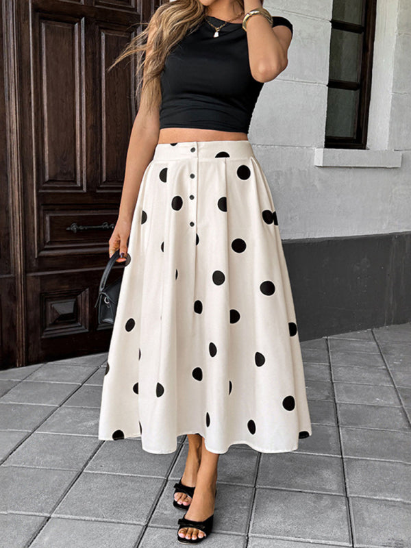 Elegant Polka Dot Midi A-Line Skirt in White and Black - Image 2