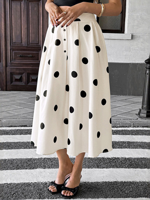 Elegant Polka Dot Midi A-Line Skirt in White and Black - Image 4