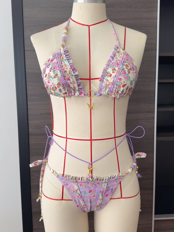 Modern Printed Colorblock Bikini Butterfly Sexy Strap Two-Piece Swimsuit