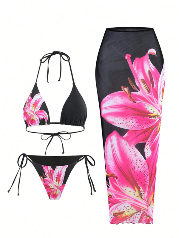 Retro flower print tropical skirt split strap beach three-piece set