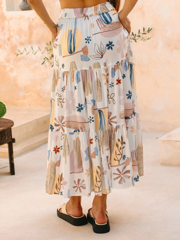 Modern White Plant Print Bohemian Holiday Beach Skirt