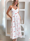 Modern V-neck waist holiday backless bow print dress