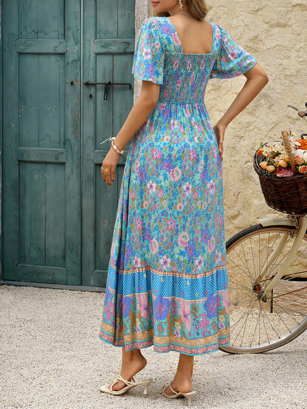 Holiday blue and pink floral print A-line maxi dress