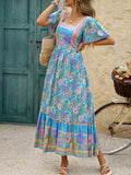 Holiday blue and pink floral print A-line maxi dress