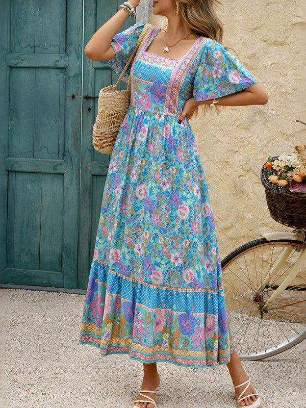 Holiday blue and pink floral print A-line maxi dress